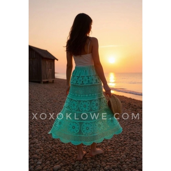 POL Dresses & Skirts - POL Teal Crochet Midi Skirt | Elastic Waist Pull On Flowy